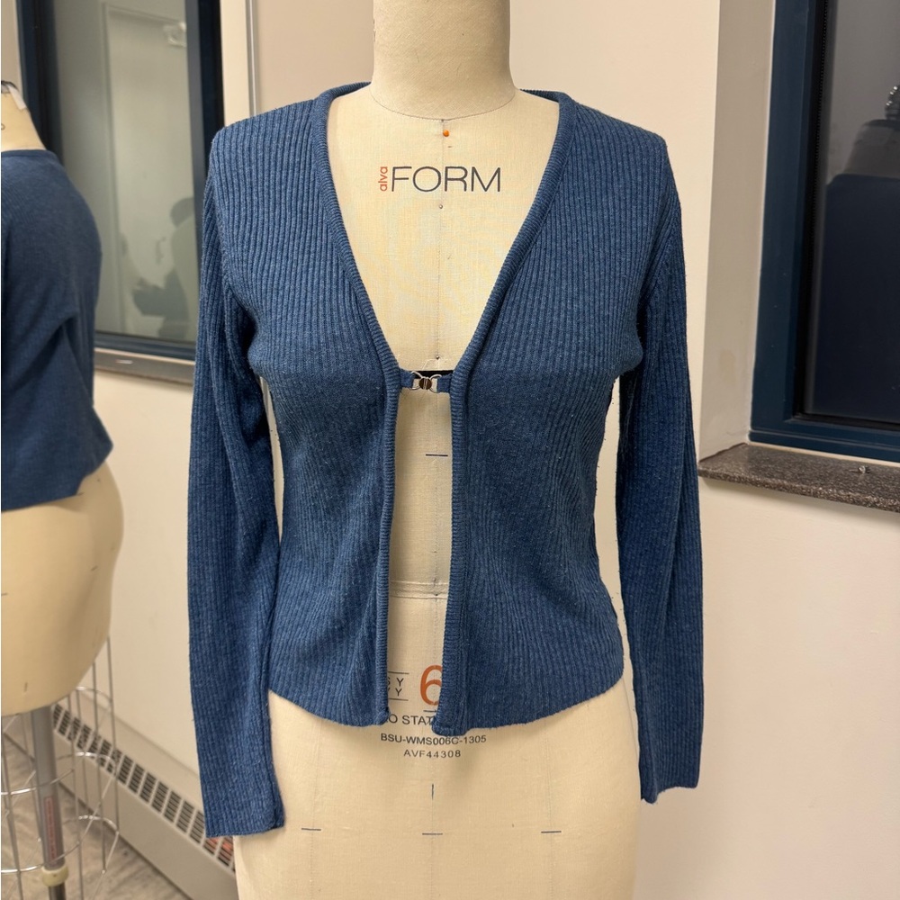 Ribbed Knit Cropped Cardigan - Blue